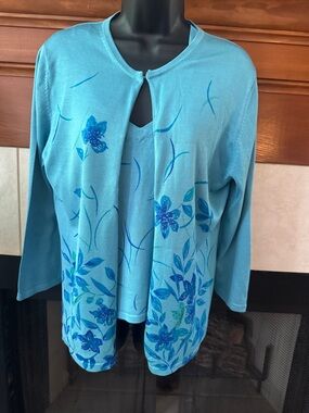 Aqua Blue Floral Two-Piece Cardigan Set